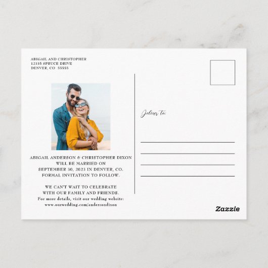 Foto für moderne Textüberlagerung Save the Date Postkarte (Rückseite)