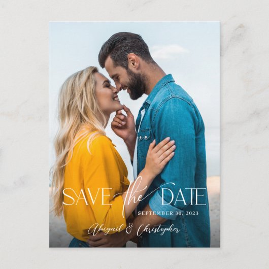 Foto für moderne Textüberlagerung Save the Date Postkarte (Vorderseite)