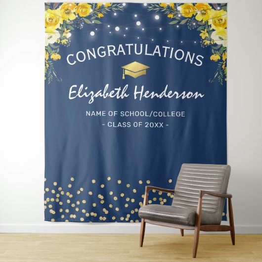 Foto für Navy & Yellow Floral Abschluss Hintergrun Wandteppich (Beispiel)