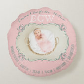 Foto für Neugeborene Monogram Rosa Green Frame Rundes Kissen (Rückseite)