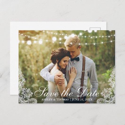 Foto für Save the Date Spitzen- und String-Lichter Ankündigungspostkarte (Vorne/Hinten)