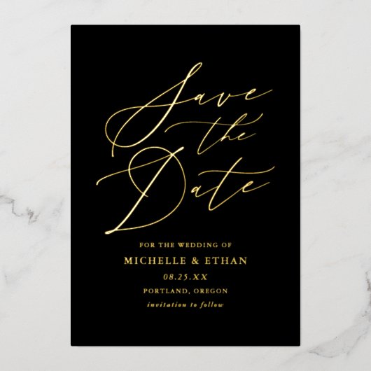Foto für Schwarz-Gold-Kalligrafie Save the Date Folieneinladung (Vorderseite)