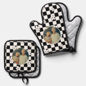 Foto für Schwarz und Weiß mit Blumenschachbrett Ofenhandschuh & Topflappen-Set (Vorderseite/Rückseite)