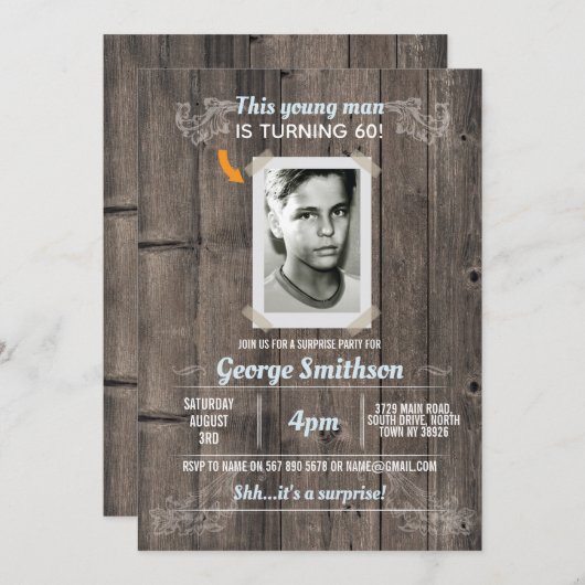 Foto Geburtstag Vintag Blue Überraschung Einladung (Vorne/Hinten)