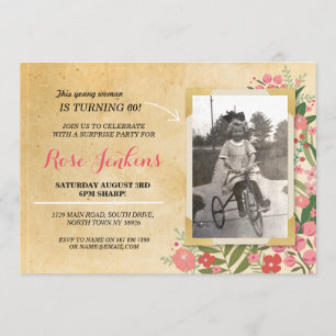Foto-Geburtstagsfeier Korallen-Blumen-Vintage-Einl Einladung