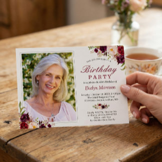 Foto Geburtstagsparty Burgund Red Blush Bloral Einladung