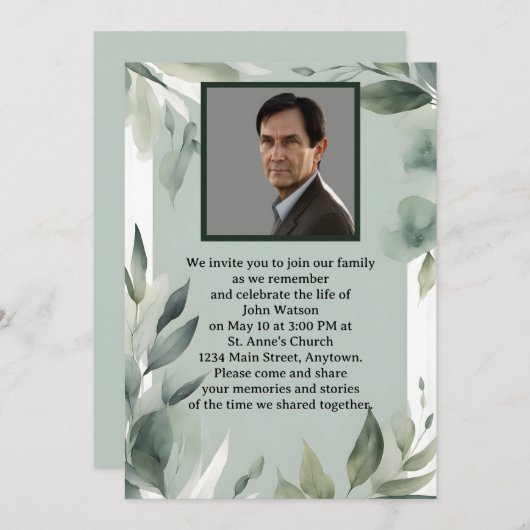 Foto-Gedenkstätte für Grün und Weiß-Blätter Einladung (Vorne/Hinten)