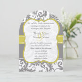 Foto Gelb & Grau Vintag Damask Einladung (Stehend Vorderseite)