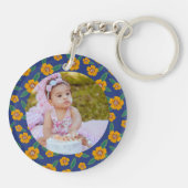 Foto gelbe Blumen Muster Monogramm Name blau Schlüsselanhänger (Rückseite)