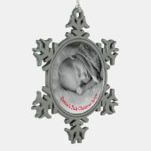 Foto Gender Neutral Red Babys Erste Weihnachtsfeie Schneeflocken Zinn-Ornament (Links)