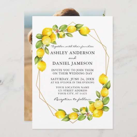 Foto Geo Frame Wedding Aquarelllemonen Einladung (Vorne/Hinten)