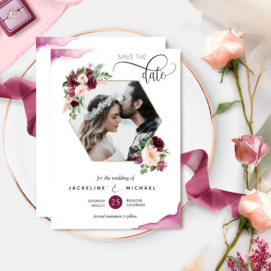 Foto-, geometrische Berry- und Blush-Floral-Hochze Save The Date