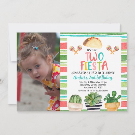 Foto gepotted Cactus Time Two Fiesta Geburtstag Einladung (Vorderseite)