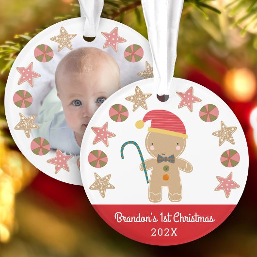Foto Gingerbread Boy Baby First Christmas Red Ornament