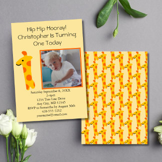 Foto Giraffe Orange und Gelb 1. Geburtstag Einladung