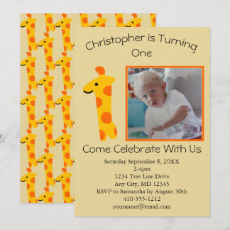 Foto Giraffe Orange und Gelb 1. Geburtstag Einladung