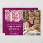 Foto Girl Magenta Pink Glitzer 13. Geburtstag Einladung (Vorne/Hinten)