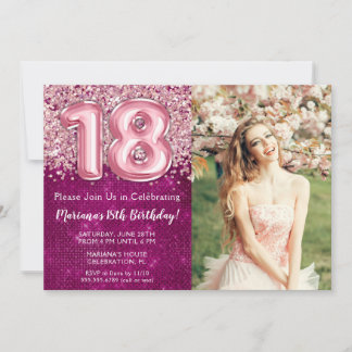 Foto Girl Magenta Pink Glitzer 18. Geburtstag Einladung