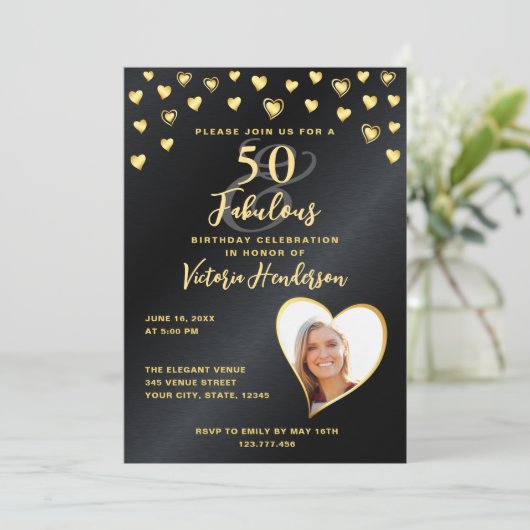 Foto Glam Black & Gold 50 und fabelhafte Geburtsta Einladung (Stehend Vorderseite)