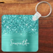 Foto Glittery Aquamarin Turquoise Glam Script Name Schlüsselanhänger (Rückseite)
