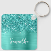 Foto Glittery Aquamarin Turquoise Glam Script Name Schlüsselanhänger (Rückseite)