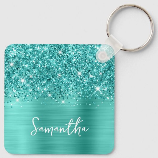 Foto Glittery Aquamarin Turquoise Glam Script Name Schlüsselanhänger (Rückseite)
