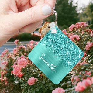 Foto Glitzerndes Türkis Glamour Schrift Name Schlüsselanhänger