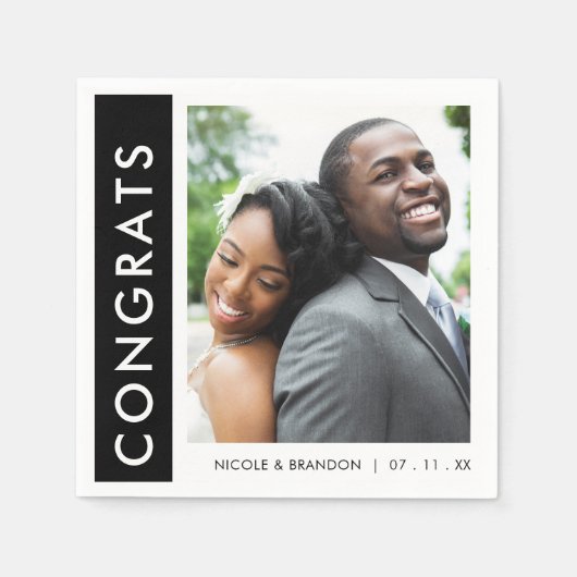 Foto-Glückwünsche mit schwarzem und weißem Streife Serviette (Vorderseite)