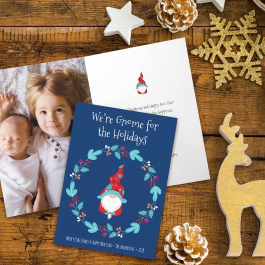 Foto Gnome für Ferien Niedlich Spaß Elf Wreath Blu Karte
