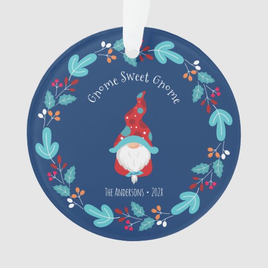 Foto Gnome Sweet Gnome Floral Wreath Elf Blue Ornament (Vorderseite)