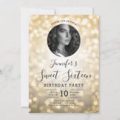 FOTO Gold Bokeh Lights Sweet 16 Party Einladung (Vorderseite)