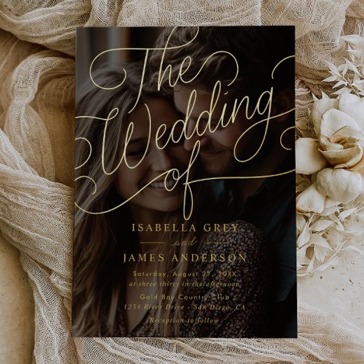 Foto Gold Calligraphy Script Wedding Folieneinladung