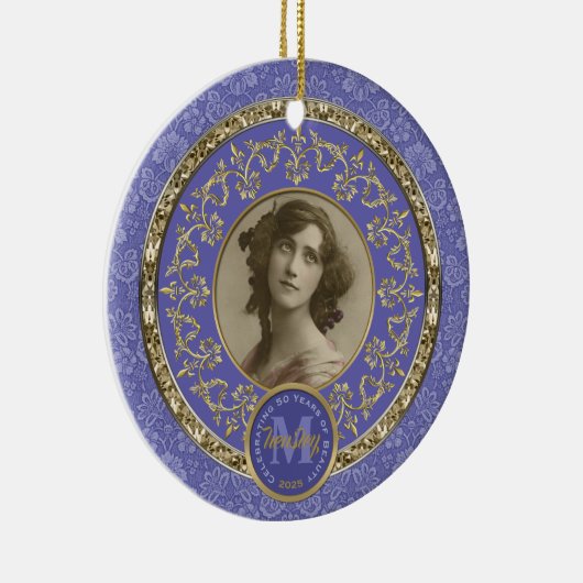 Foto Gold Classic Damask Gedenk Lavendel Keramik Ornament (Rechts)