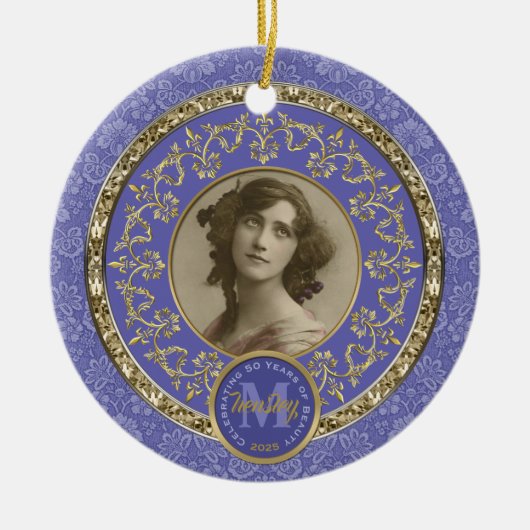 Foto Gold Classic Damask Gedenk Lavendel Keramik Ornament (Vorne)