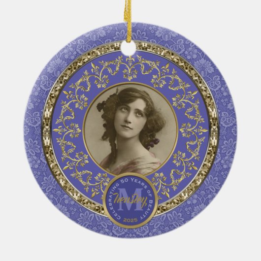 Foto Gold Classic Damask Gedenk Lavendel Keramik Ornament (Hinten)