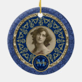 Foto Gold Classic Damask Gedenkstein Dunkelblau Keramik Ornament (Hinten)