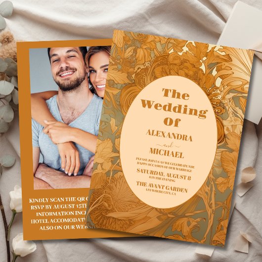 Foto Gold Floral Art Hochzeit im Jugendstil Einladung