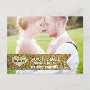 FOTO Gold Glitzer Banner SAVE THE DATE Postkarte