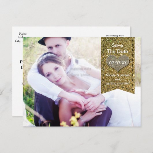 FOTO Gold GLITZER Herz SAVE THE DATE Postkarte (Vorne/Hinten)