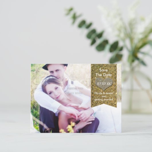 FOTO Gold GLITZER Herz SAVE THE DATE Postkarte (Stehend Vorderseite)