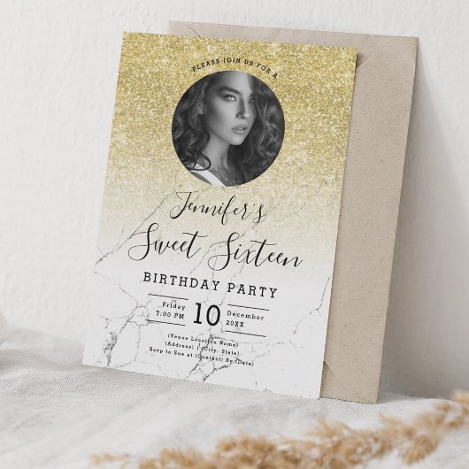 FOTO Gold Glitzer Marmor Sweet 16 Party Einladung