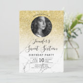 FOTO Gold Glitzer Marmor Sweet 16 Party Einladung (Stehend Vorderseite)