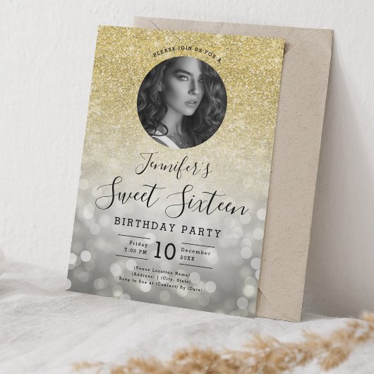 FOTO Gold Glitzer Silver Bokeh Lights Sweet 16 Einladung