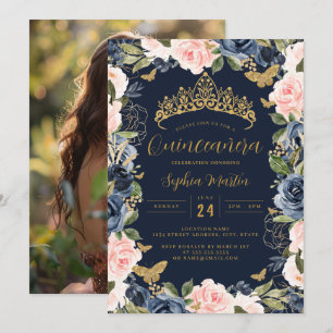 Foto Gold Navy Pink Floral Schmetterling Quinceane Einladung