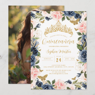 Foto Gold Pink Navy Floral Schmetterling Quinceane Einladung
