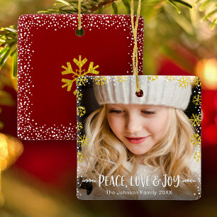 Foto Gold Snowflakes Peace Liebe und Joy Keepake Keramikornament