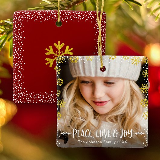 Foto Gold Snowflakes Peace Liebe und Joy Keepake Keramikornament