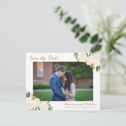 Foto "Gold und Weiße Blume" Speichern Sie die Datu Save The Date (Stehend Vorderseite)