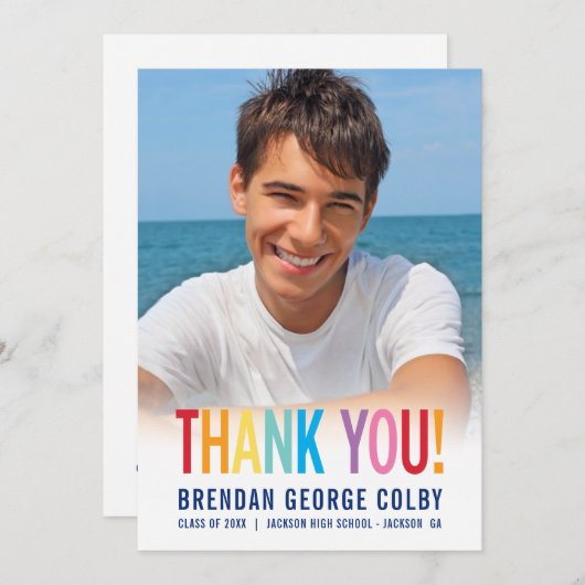 FOTO GRAD DANK Sie fett Block Typ farbig Einladung (Vorne/Hinten)