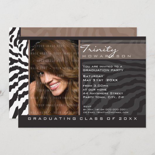 FOTO GRAD PARTY INVITE zebra streifen Einladung (Vorne/Hinten)